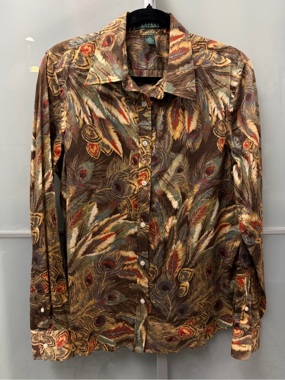 Ralph Lauren Feather Print Cotton Blouse Size L Fall Classic Button Down RL - Picture 3 of 6